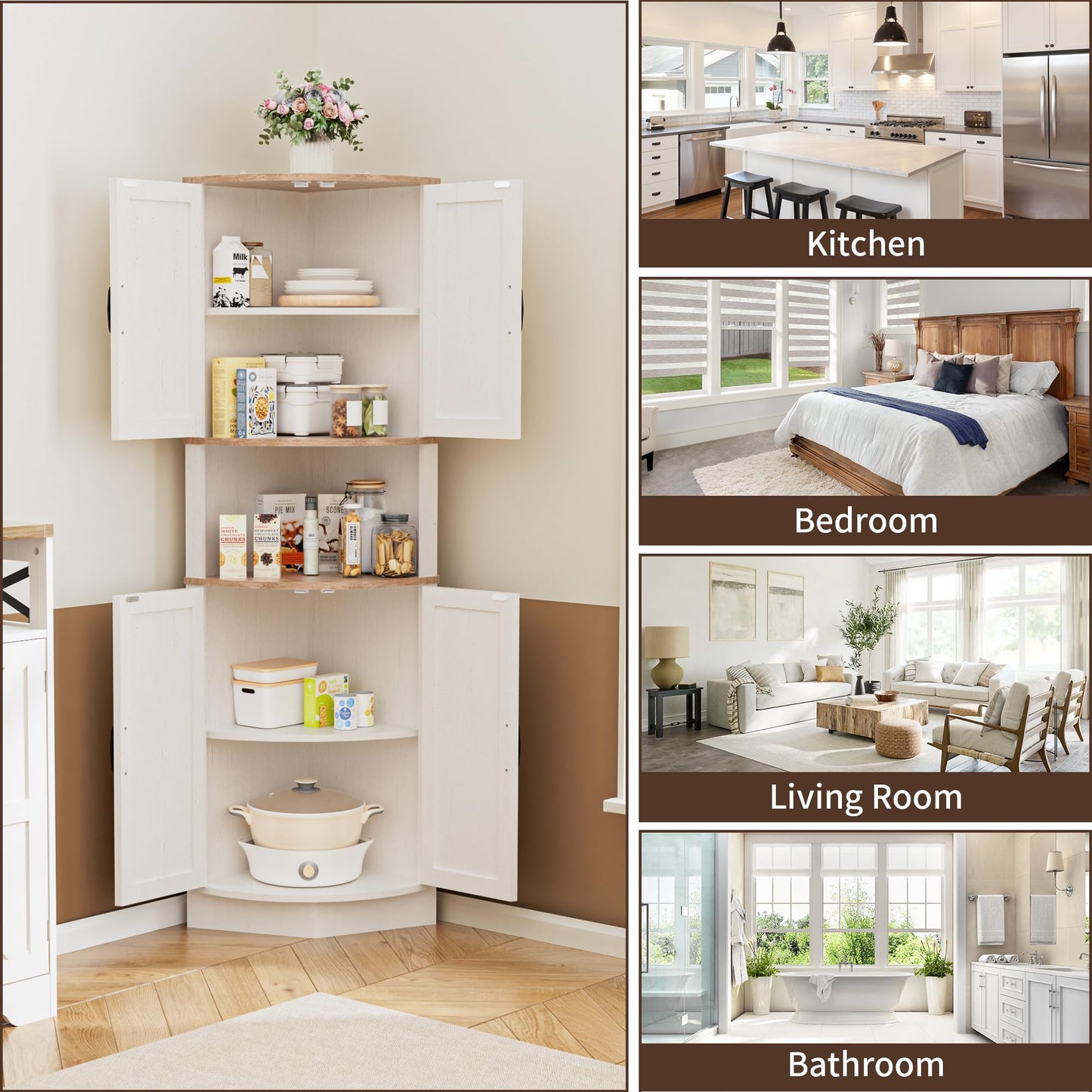 BonVache 165cm Tall Corner Storage Cabinet with Barn Doors, 5-Tier Tall Cupboards Cabinet for Living Room, 4 Wooden Doors and 5 Shelves