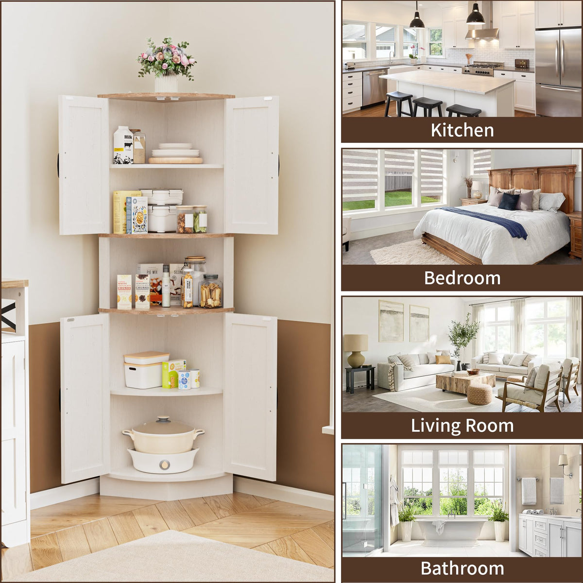 BonVache 165cm Tall Corner Storage Cabinet with Barn Doors, 5-Tier Tall Cupboards Cabinet for Living Room, 4 Wooden Doors and 5 Shelves