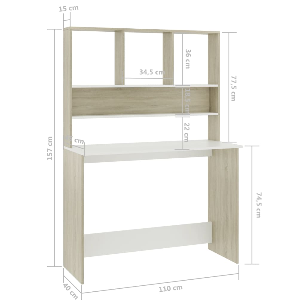 Desk with Shelf White and Sonoma Oak 110x45x157 cm Engineered Wood