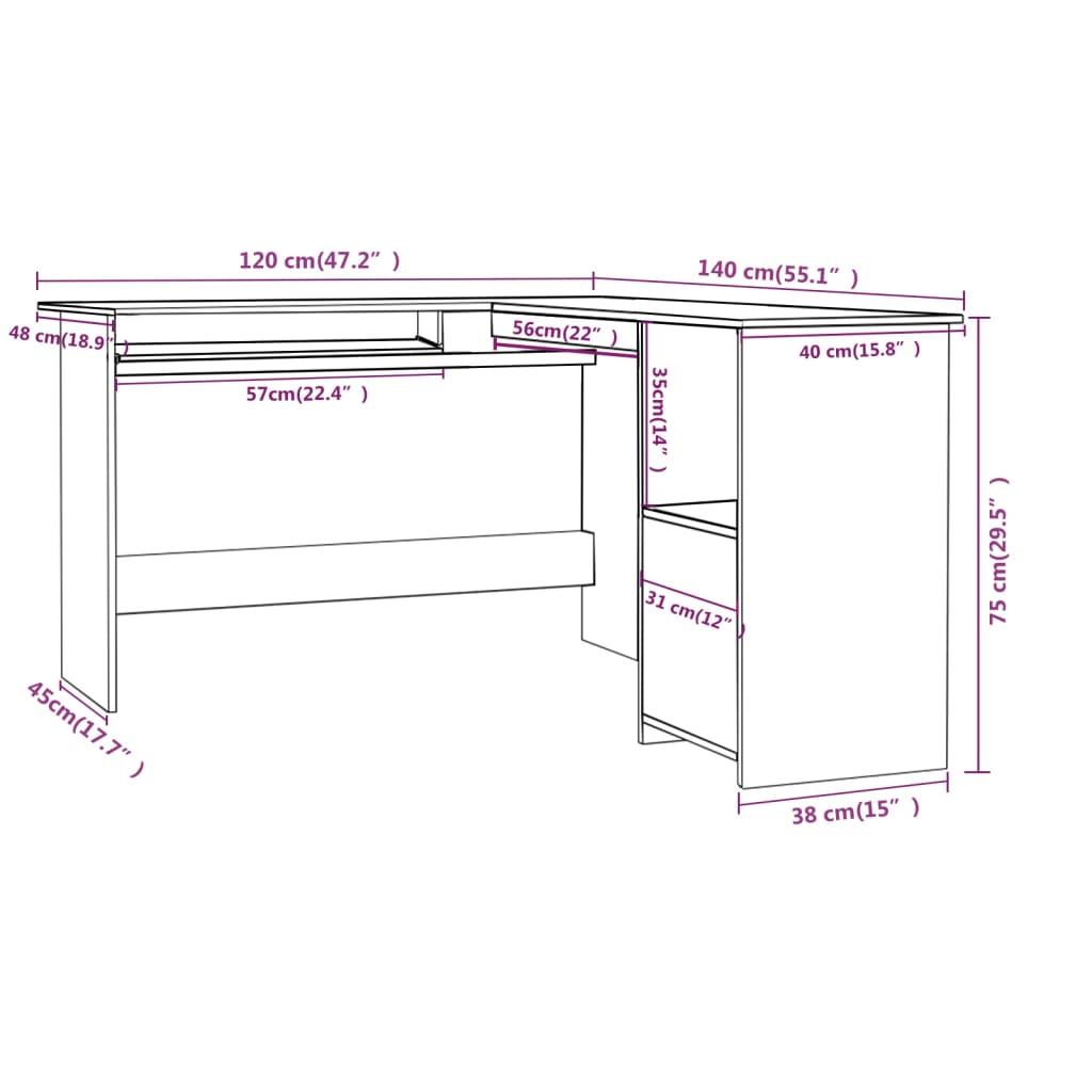L-Shaped Corner Desk High Gloss Black 120x140x75 cm Engineered Wood