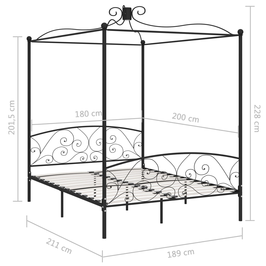 284479 vidaXL Canopy Bed Frame without Mattress Black Metal 180x200 cm Super King