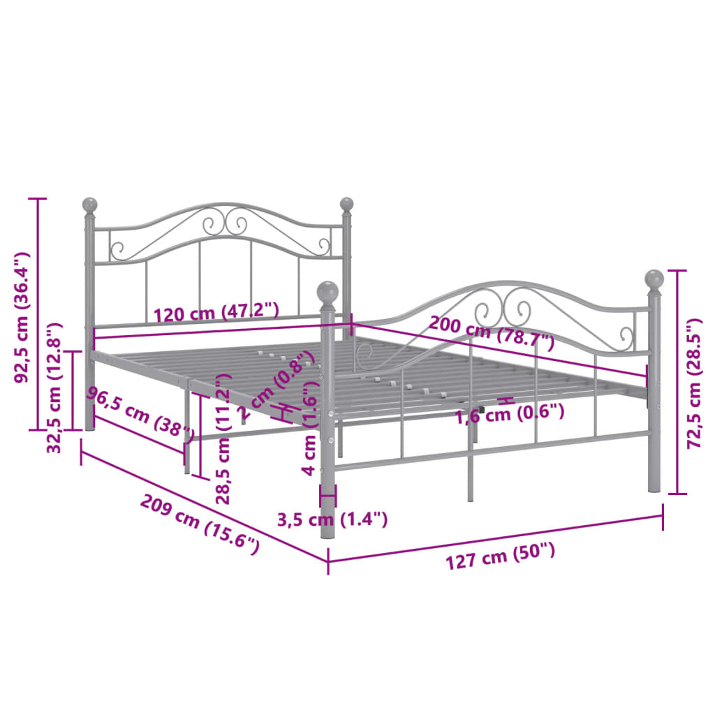 Bed Frame without Mattress Grey Metal 120x200 cm