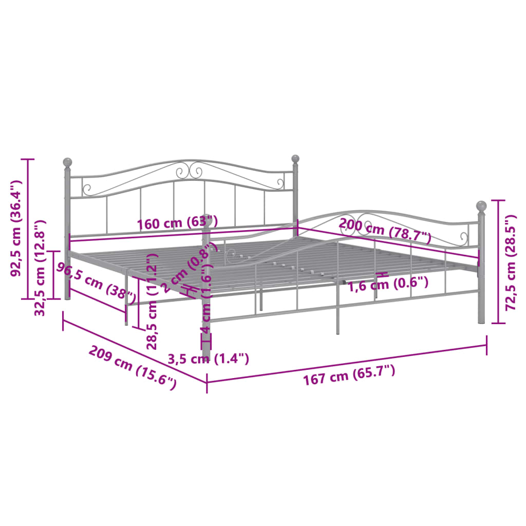 Bed Frame without Mattress Grey Metal 160x200 cm