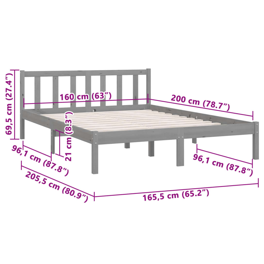 810094 vidaXL Bed Frame without Mattress Grey Solid Wood 160x200 cm