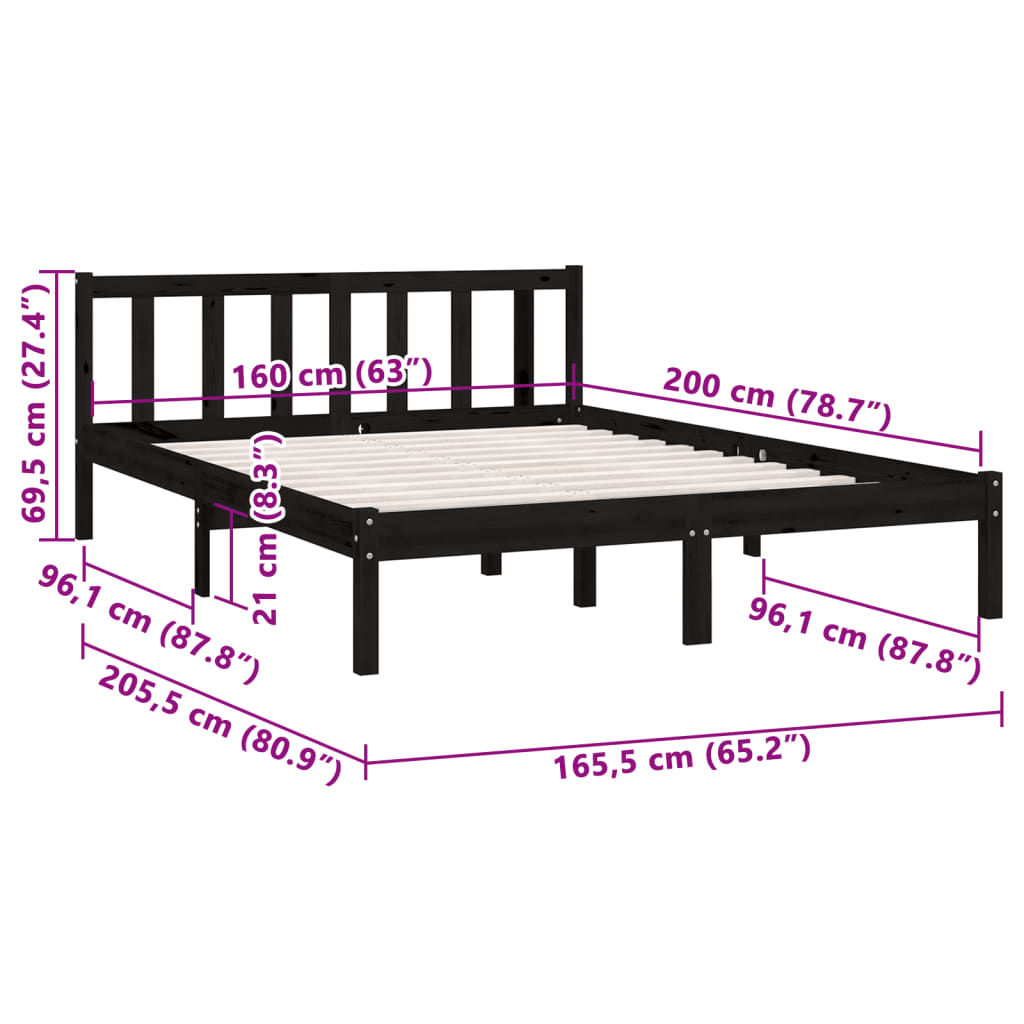810096 vidaXL Bed Frame without Mattress Black Solid Wood 160x200 cm