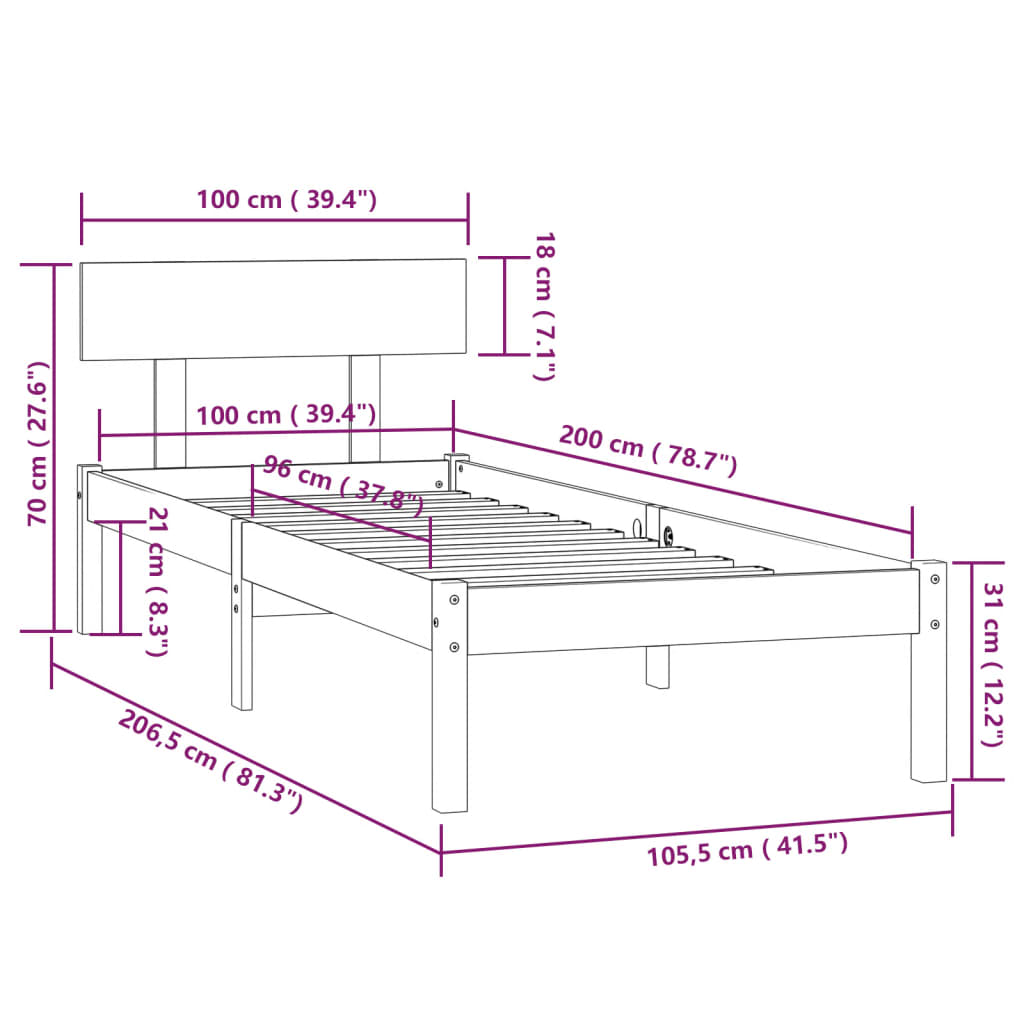 Bed Frame without Mattress Grey Solid Wood 100x200 cm