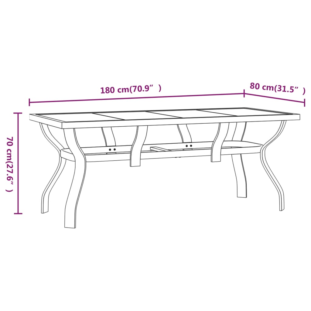Outdoor Patio Large 6 Person Rectangular Steel Garden Dining Table With Glass Top