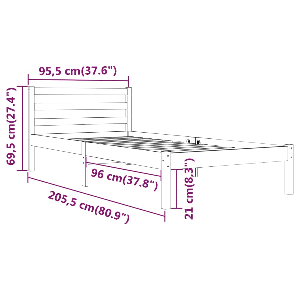 Bed Frame without Mattress Solid Wood Pine 90x200cm Black
