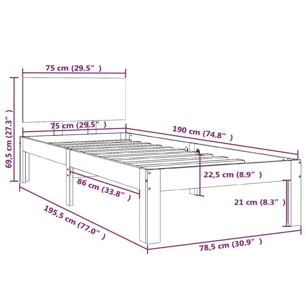 Bed Frame without Mattress Black 75x190cm Small Single