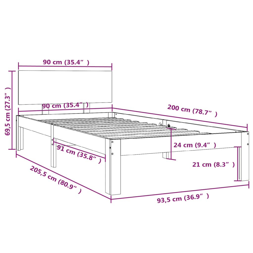 Bed Frame without Mattress Grey Solid Wood Pine 90x200cm