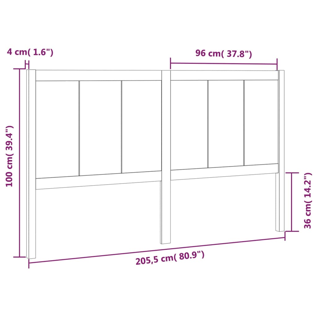 Bed Headboard Black 205.5x4x100 cm Solid Pine Wood