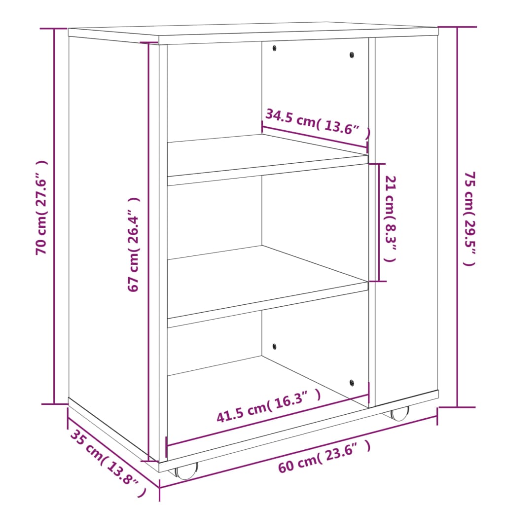 Rolling Cabinet Brown Oak 60x35x75 cm Engineered Wood