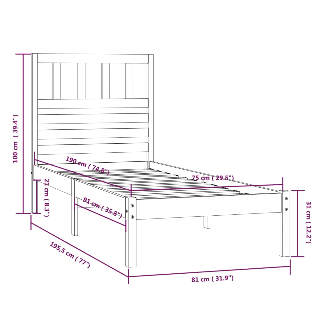 Bed Frame without Mattress Black 75x190 cm Small Single Solid Wood Pine