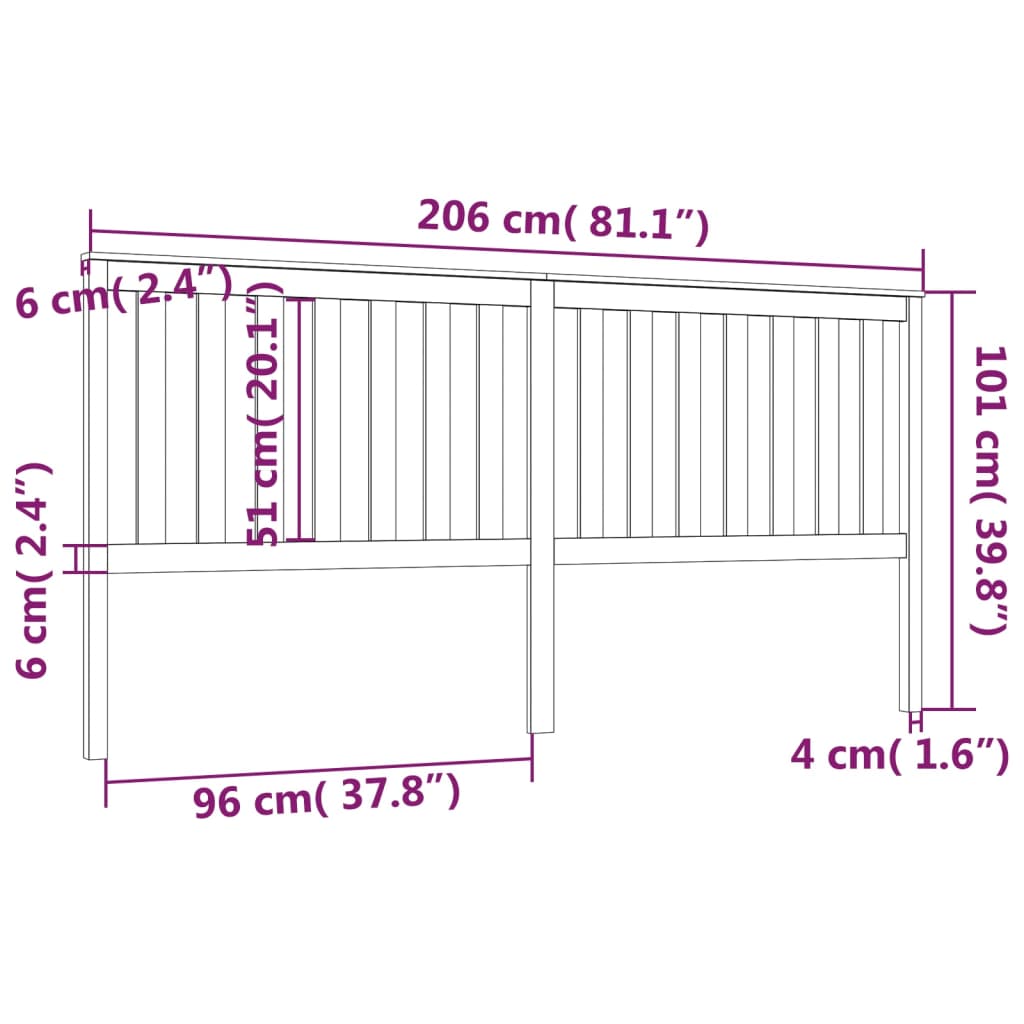Bed Headboard Black 206x6x101 cm Solid Wood Pine