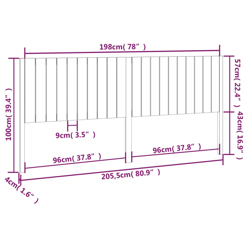 Bed Headboard Black 205.5x4x100 cm Solid Wood Pine