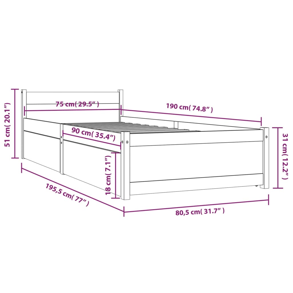 Bed Frame without Mattress with Drawers Small Single