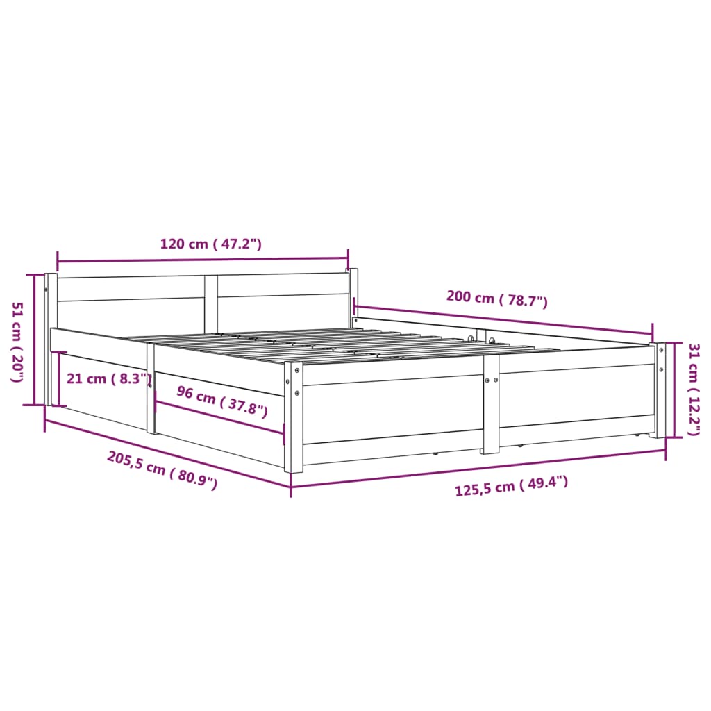 Bed Frame without Mattress with Drawers 120x200 cm