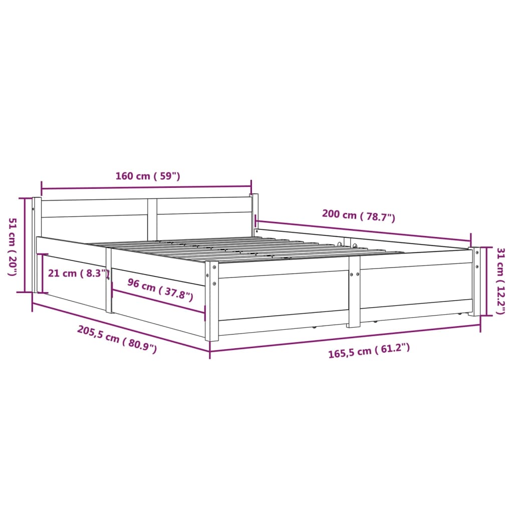 Bed Frame without Mattress with Drawers White 160x200 cm