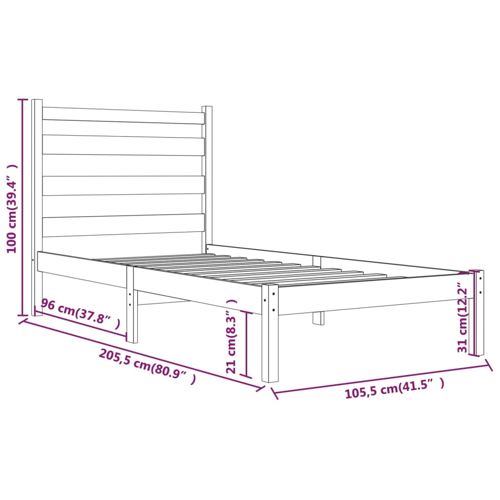 3103642 vidaXL Bed Frame without Mattress Black Solid Wood 100x200 cm (810011+818409)