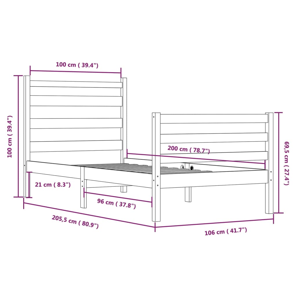 Bed Frame without Mattress Solid Wood Pine 100x200 cm White