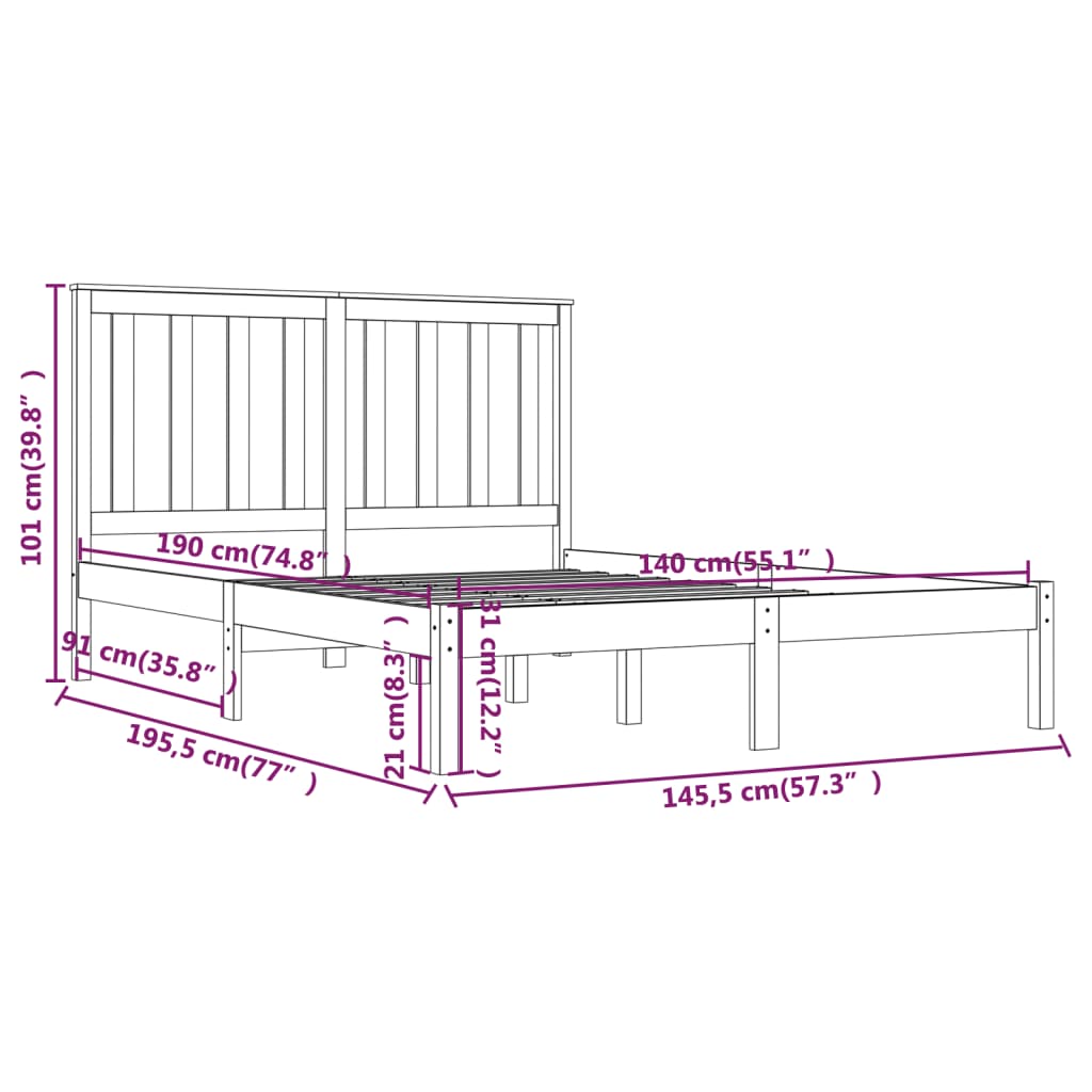 3103827 vidaXL Bed Frame without Mattress Black Solid Wood 140x190 cm (810001+818524)