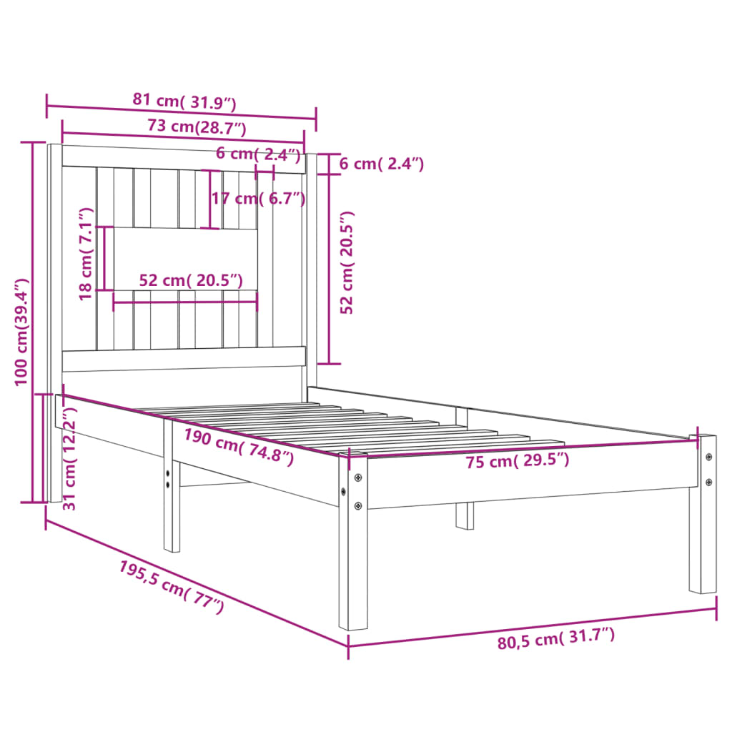 Bed Frame without Mattress Black Solid Wood Small Single