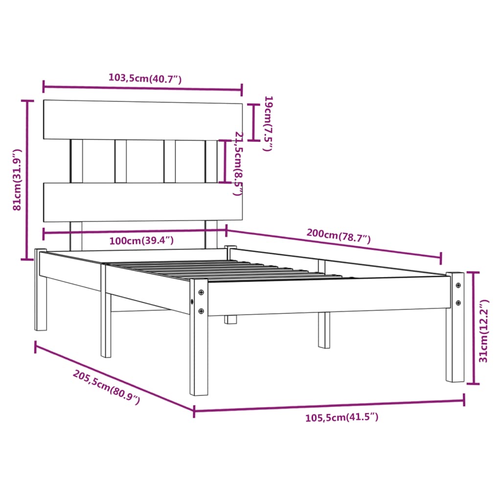 Bed Frame without Mattress Black 100x200 cm Solid Wood