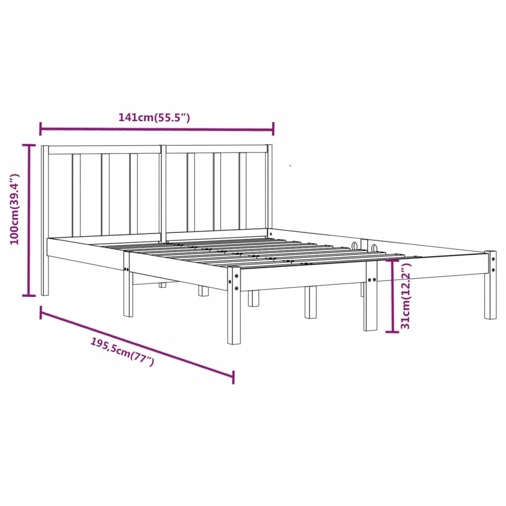 Bed Frame without Mattress Black Solid Wood Pine 135x190 cm Double