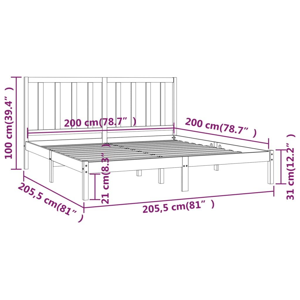 Bed Frame without Mattress Black Solid Wood Pine 200x200 cm