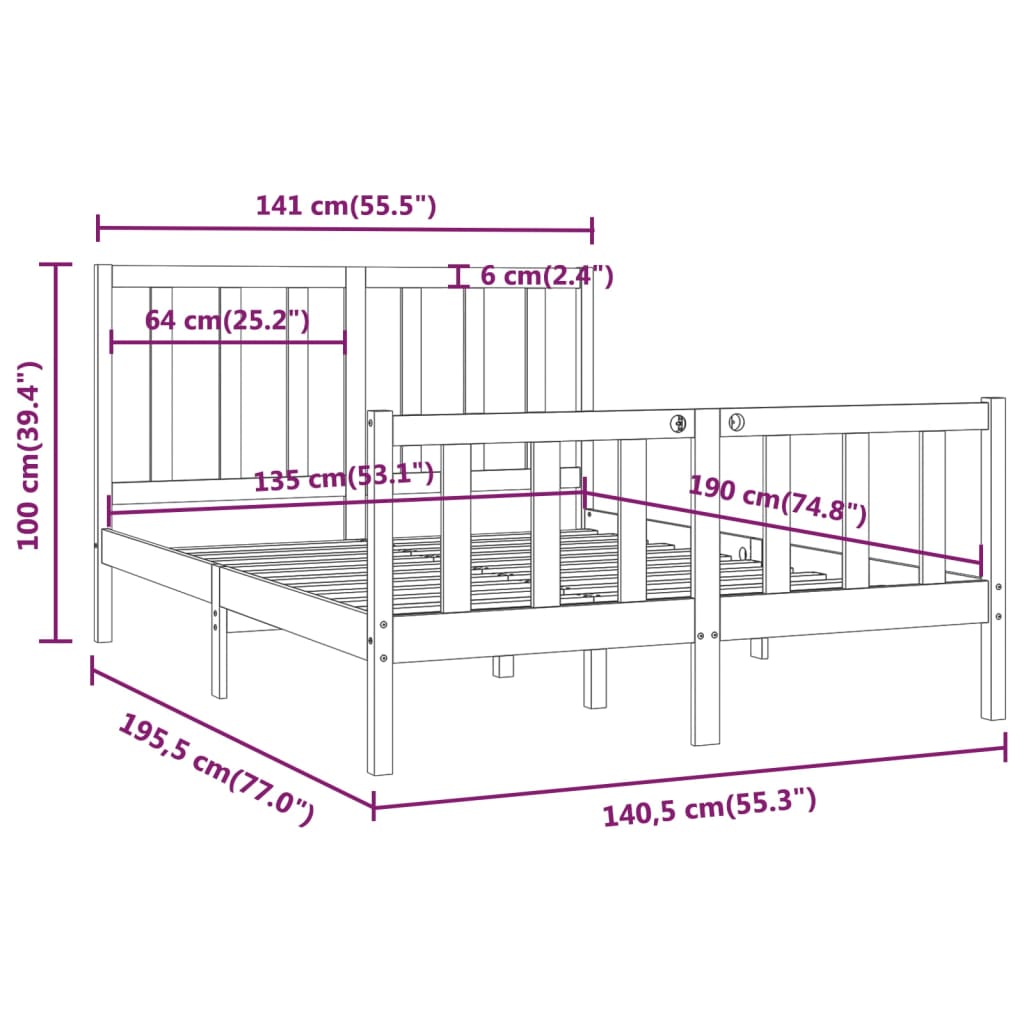 Bed Frame Black Solid Wood 135x190 cm Double
