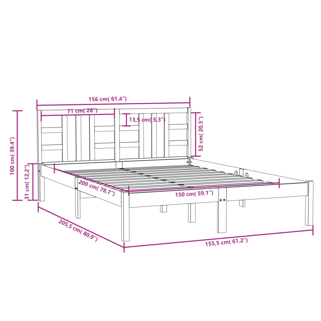Bed Frame without Mattress White 150x200 cm King Size Solid Wood