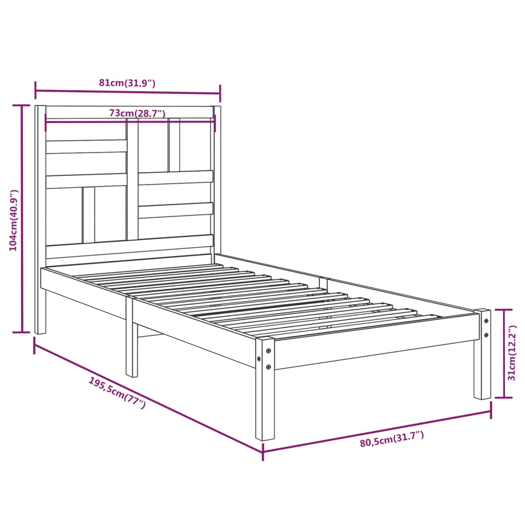 Bed Frame without Mattress White Solid Wood 75x190 cm Small Single