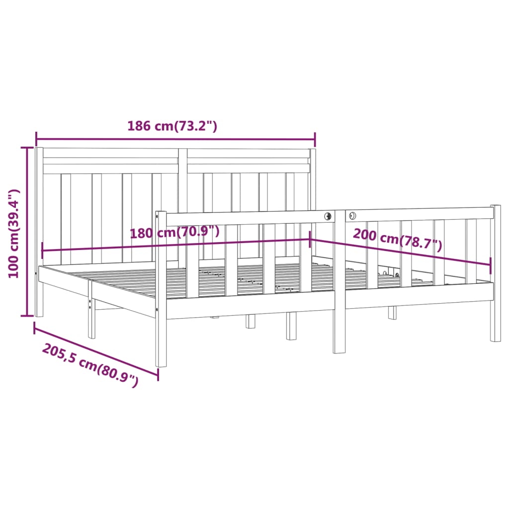 Bed Frame without Mattress Black Solid Wood Pine 180x200 cm Super King