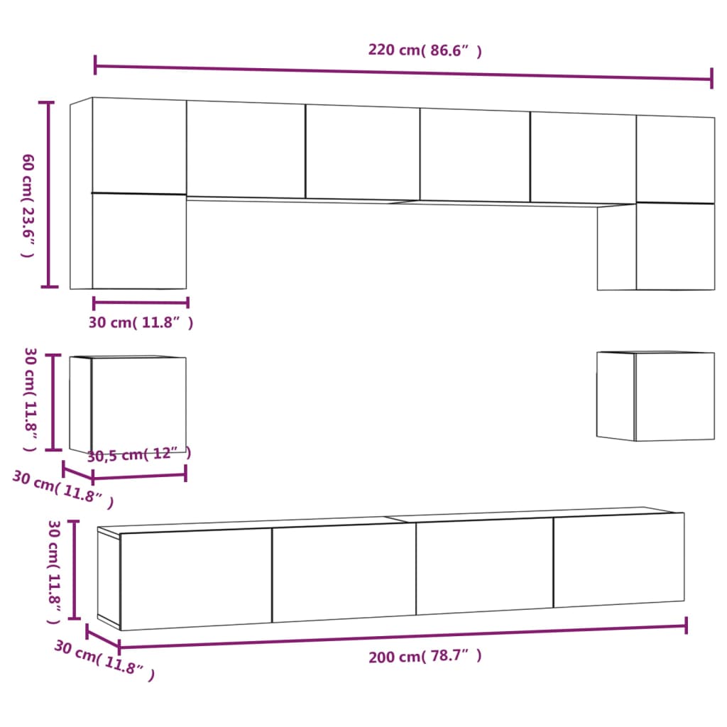 8 Piece TV Cabinet Set Grey Sonoma Engineered Wood