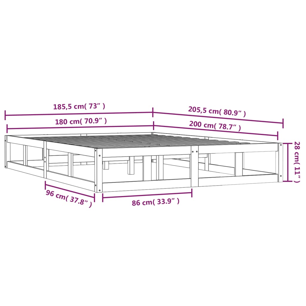 Bed Frame without Mattress Black 180x200 cm Super King Solid Wood