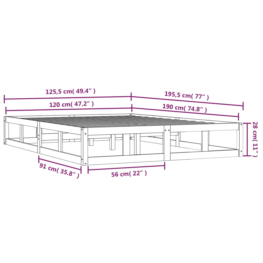 Bed Frame without Mattress White 120x190 cm Small Double Solid Wood