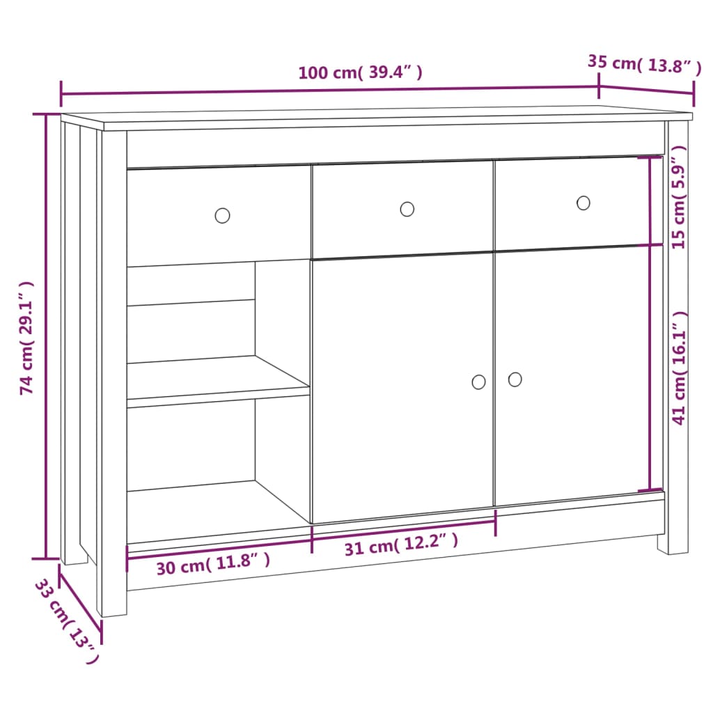 Sideboard Honey Brown 100x35x74 cm Solid Wood Pine