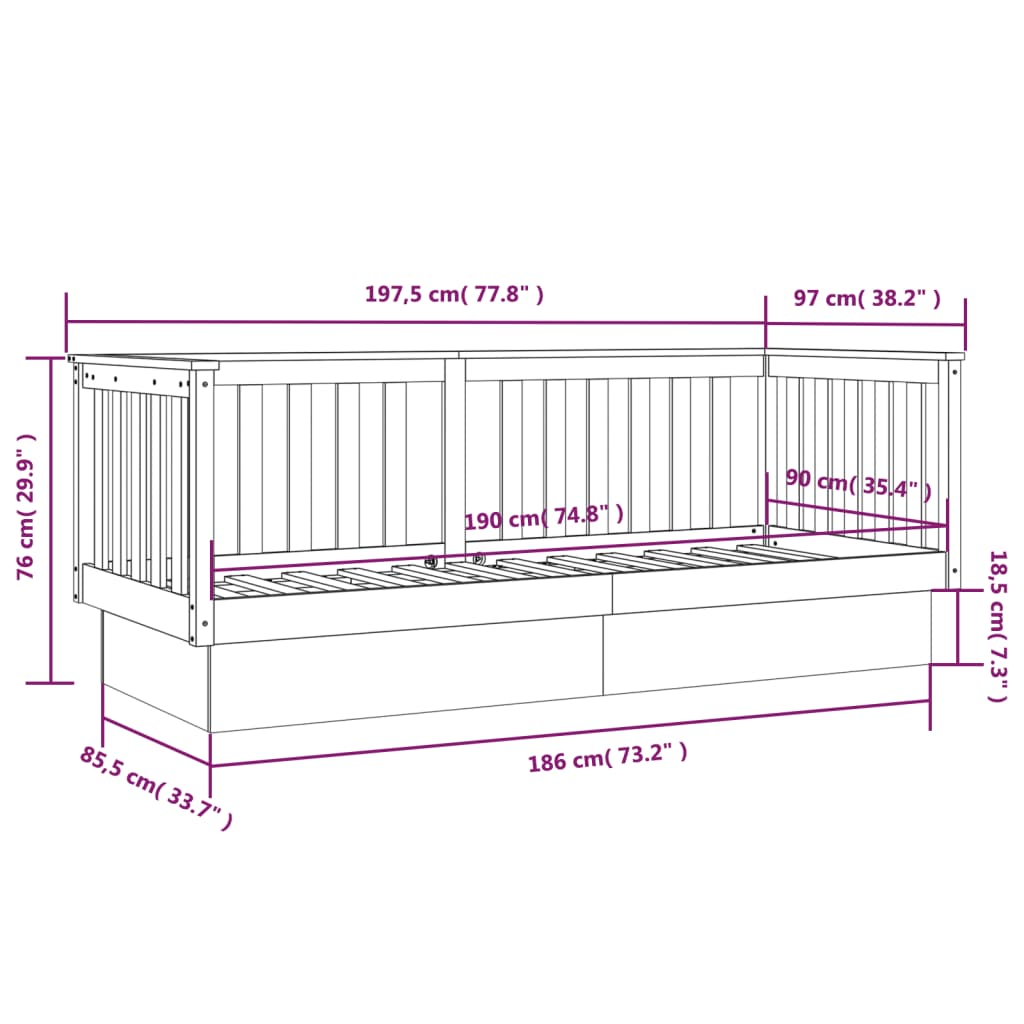 Day Bed without Mattress Grey 90x190 cm Single Solid Wood Pine