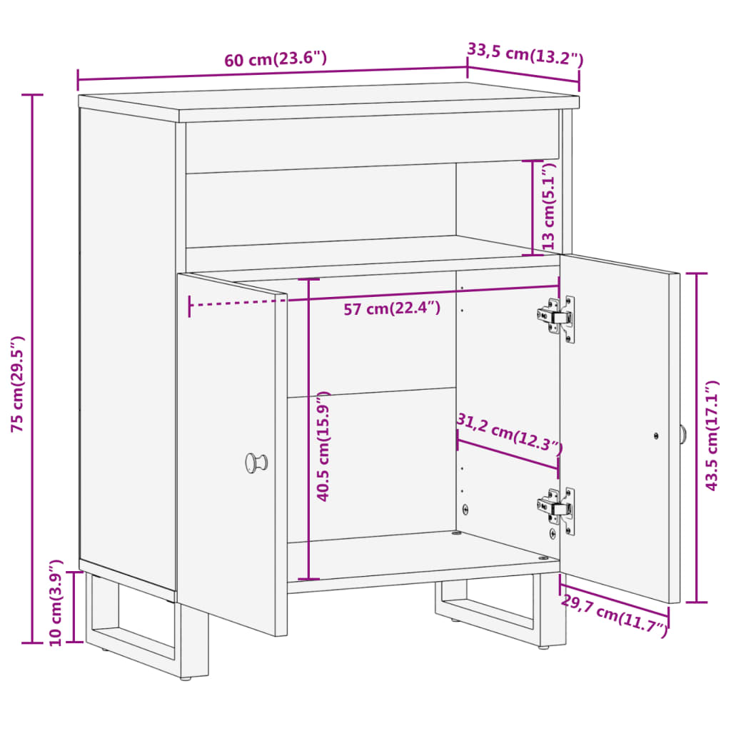 Side Cabinet Brown and Black 60x33.5x75 cm Solid Wood Mango