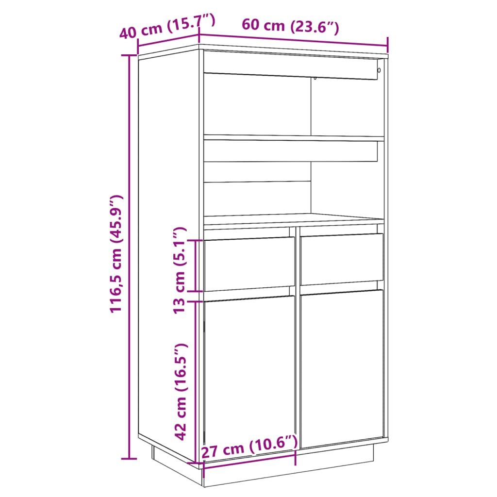 Highboard Black 60x40x116.5 cm Solid Wood Pine