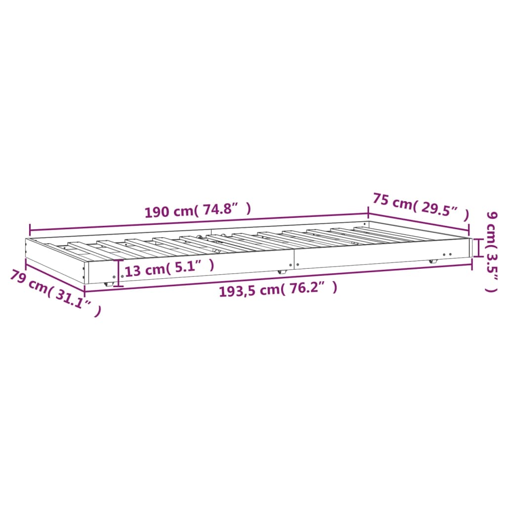 Bed Frame without Mattress Grey 75x190 cm Small Single Solid Wood Pine