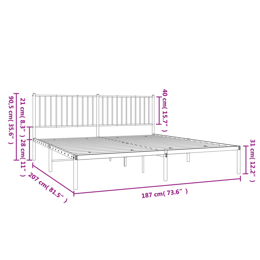 Metal Bed Frame without Mattress with Headboard Black 180x200cm
