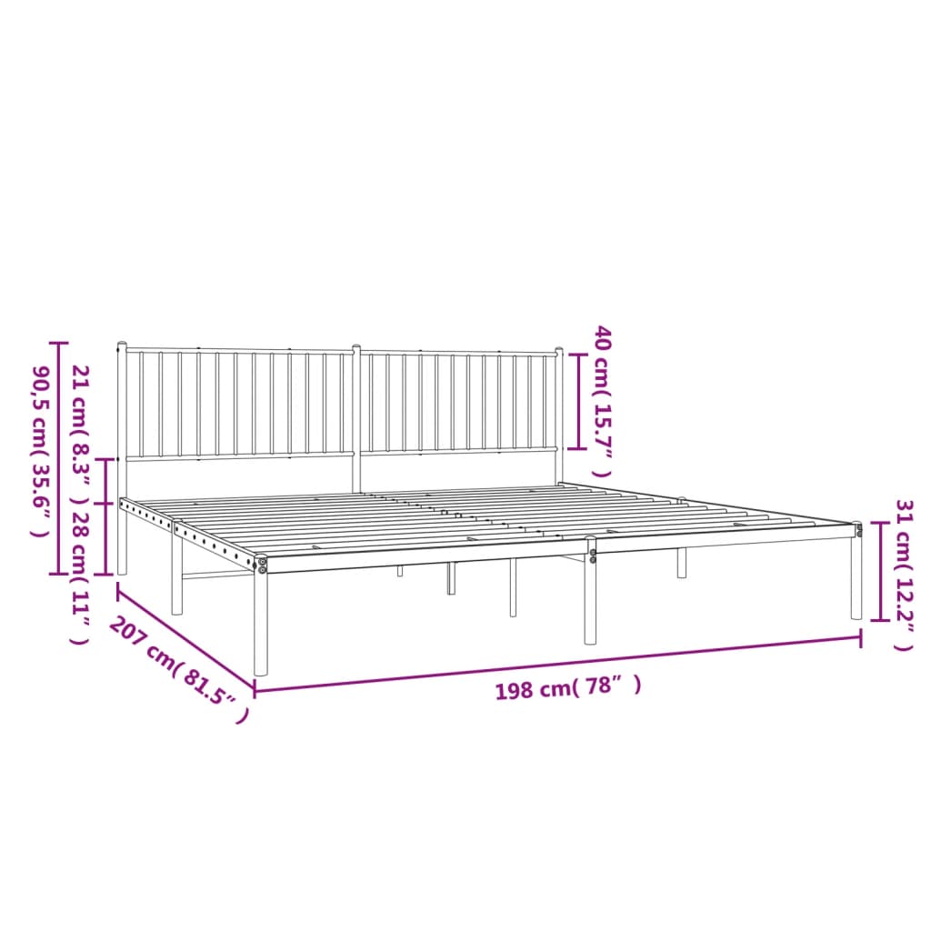 Metal Bed Frame without Mattress with Headboard White 193x203cm
