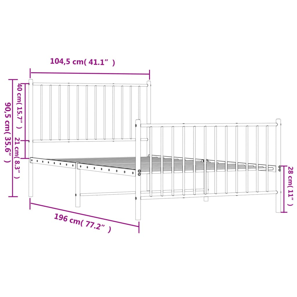Metal Bed Frame without Mattress with Footboard White 100x190cm