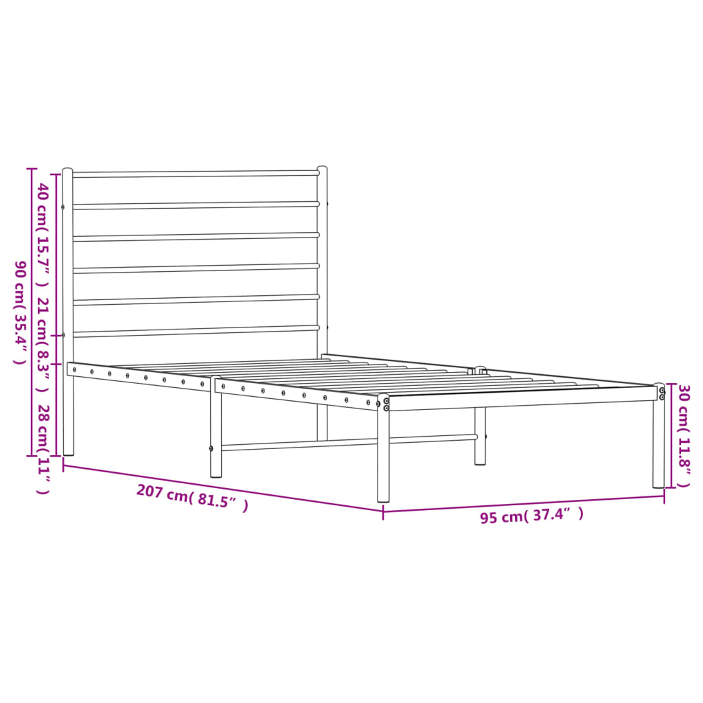 Metal Bed Frame without Mattress with Headboard Black 90x200cm