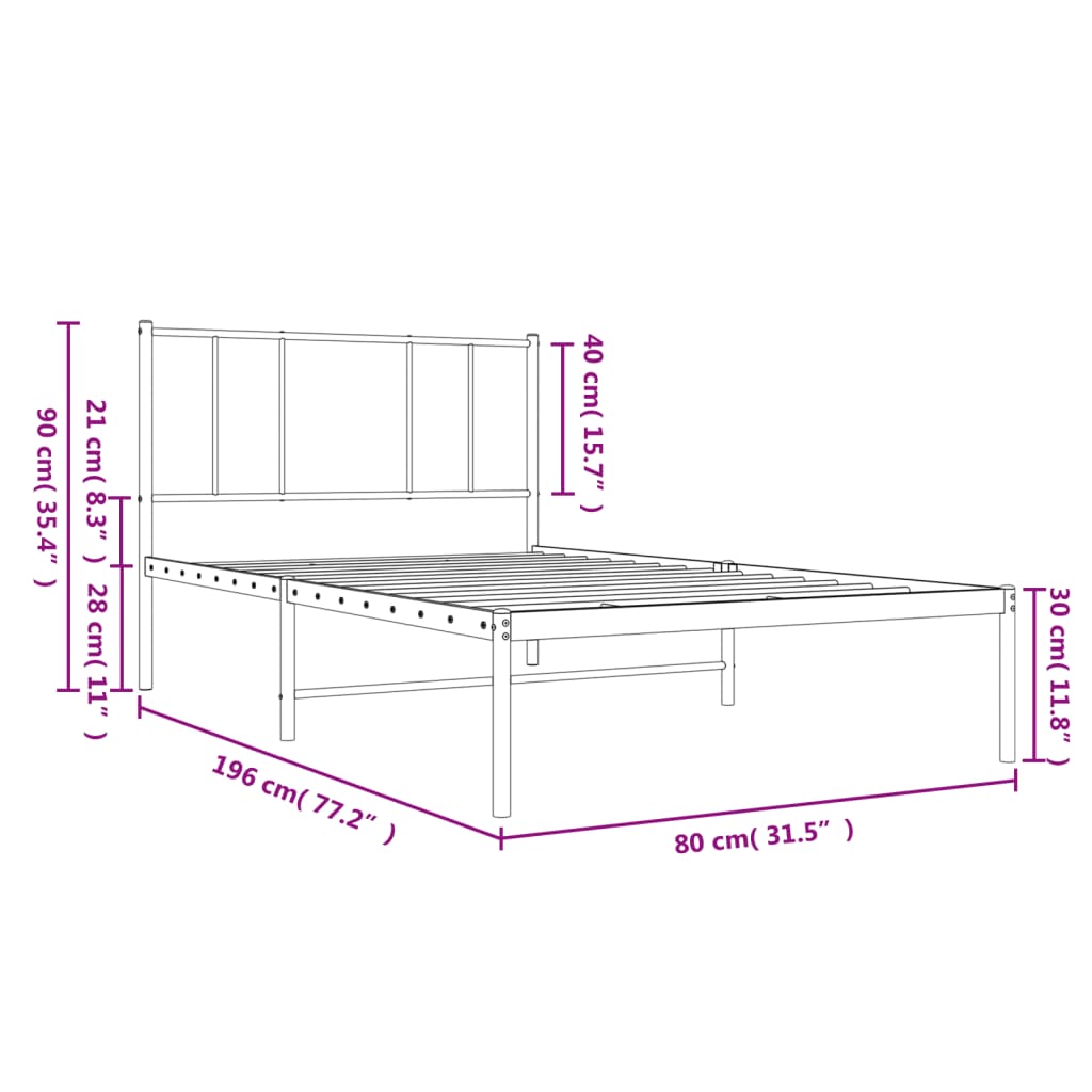 Metal Bed Frame without Mattress with Headboard Black 75x190cm