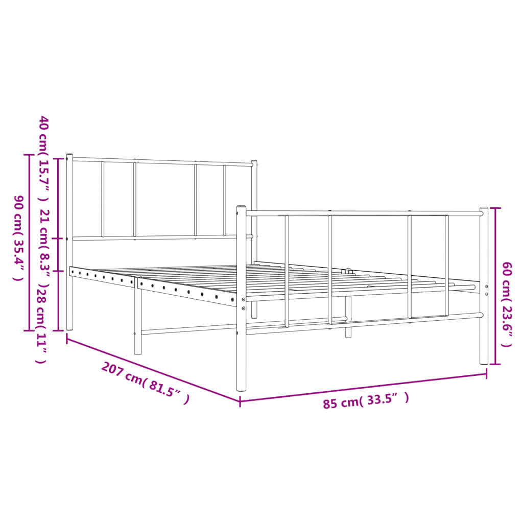 Metal Bed Frame without Mattress with Footboard White 80x200cm
