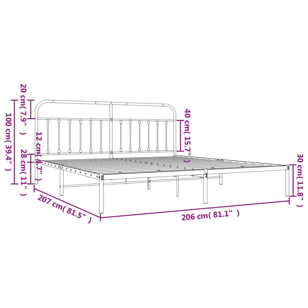 Metal Bed Frame without Mattress with Headboard Black 200x200cm