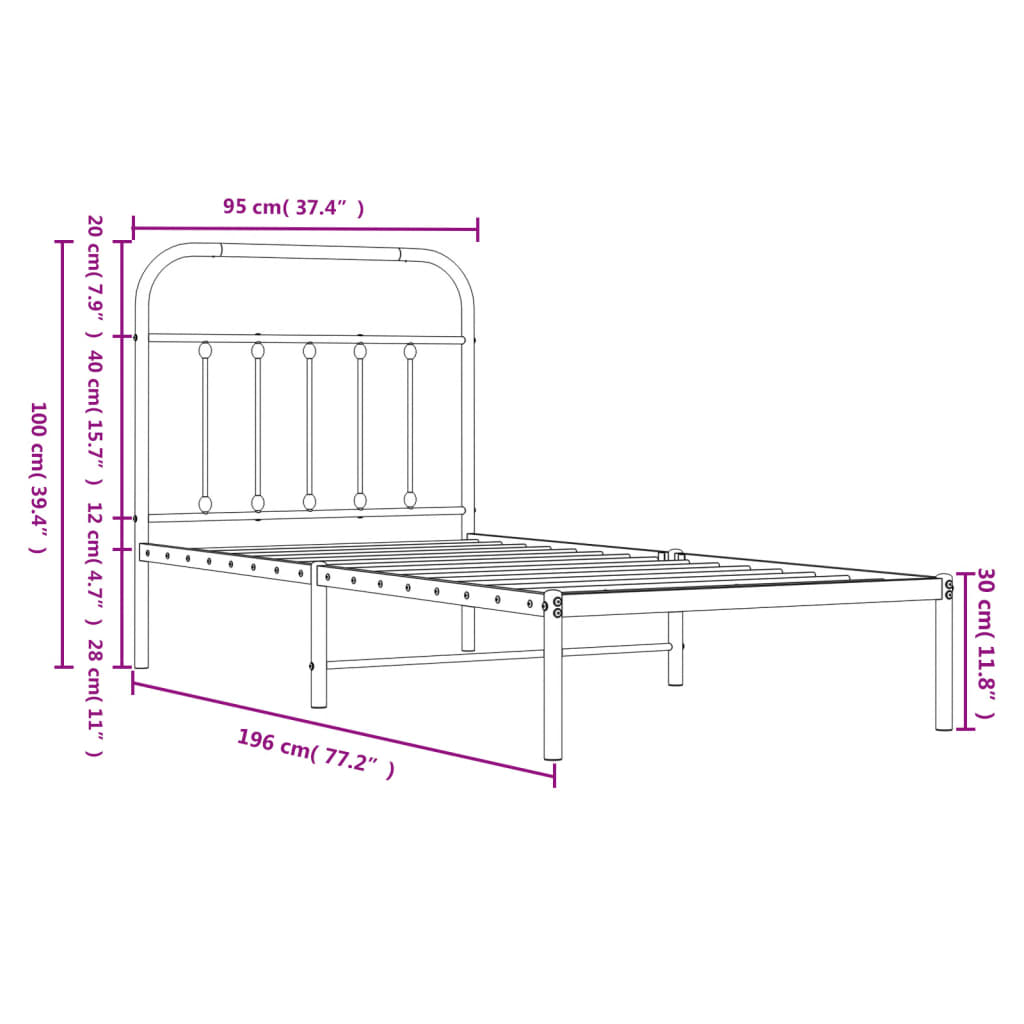 Metal Bed Frame without Mattress with Headboard White 90x190cm