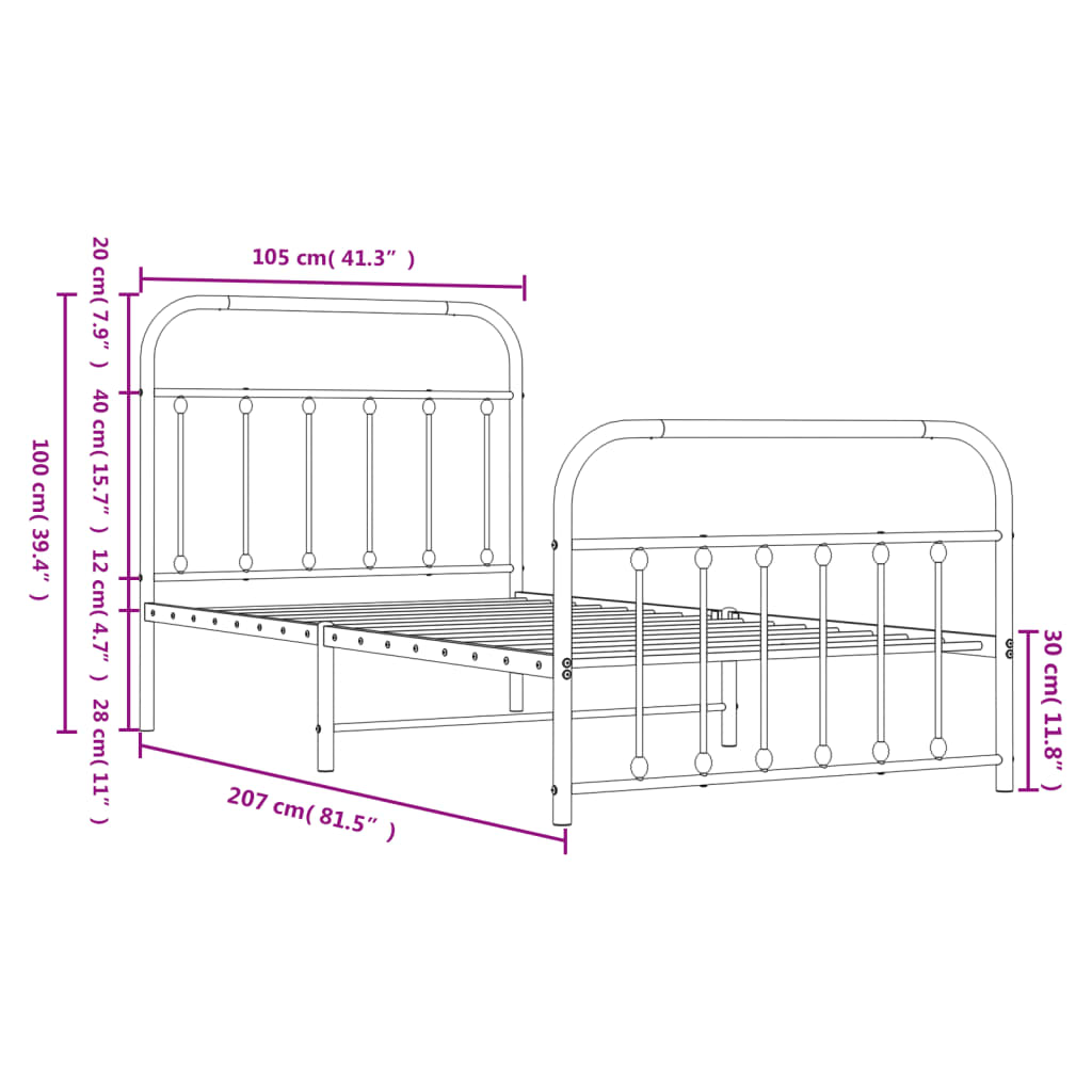 Metal Bed Frame without Mattress with Footboard White 100x200cm